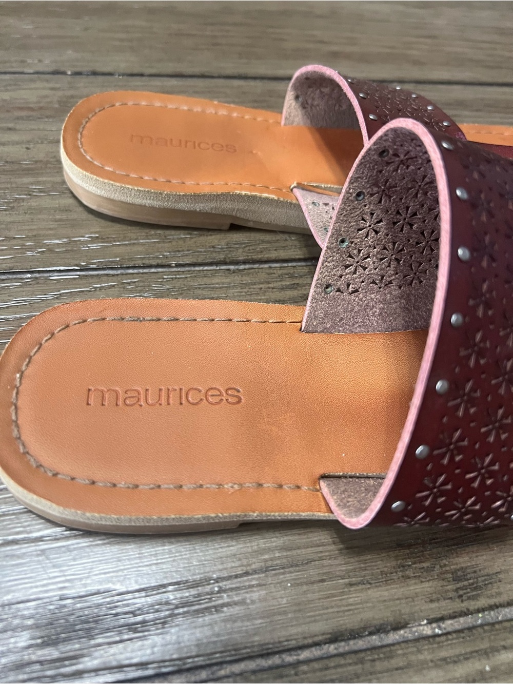 Maurices Burgundy Floral Laser-Cut Slide Sandals - Picture 3 of 3